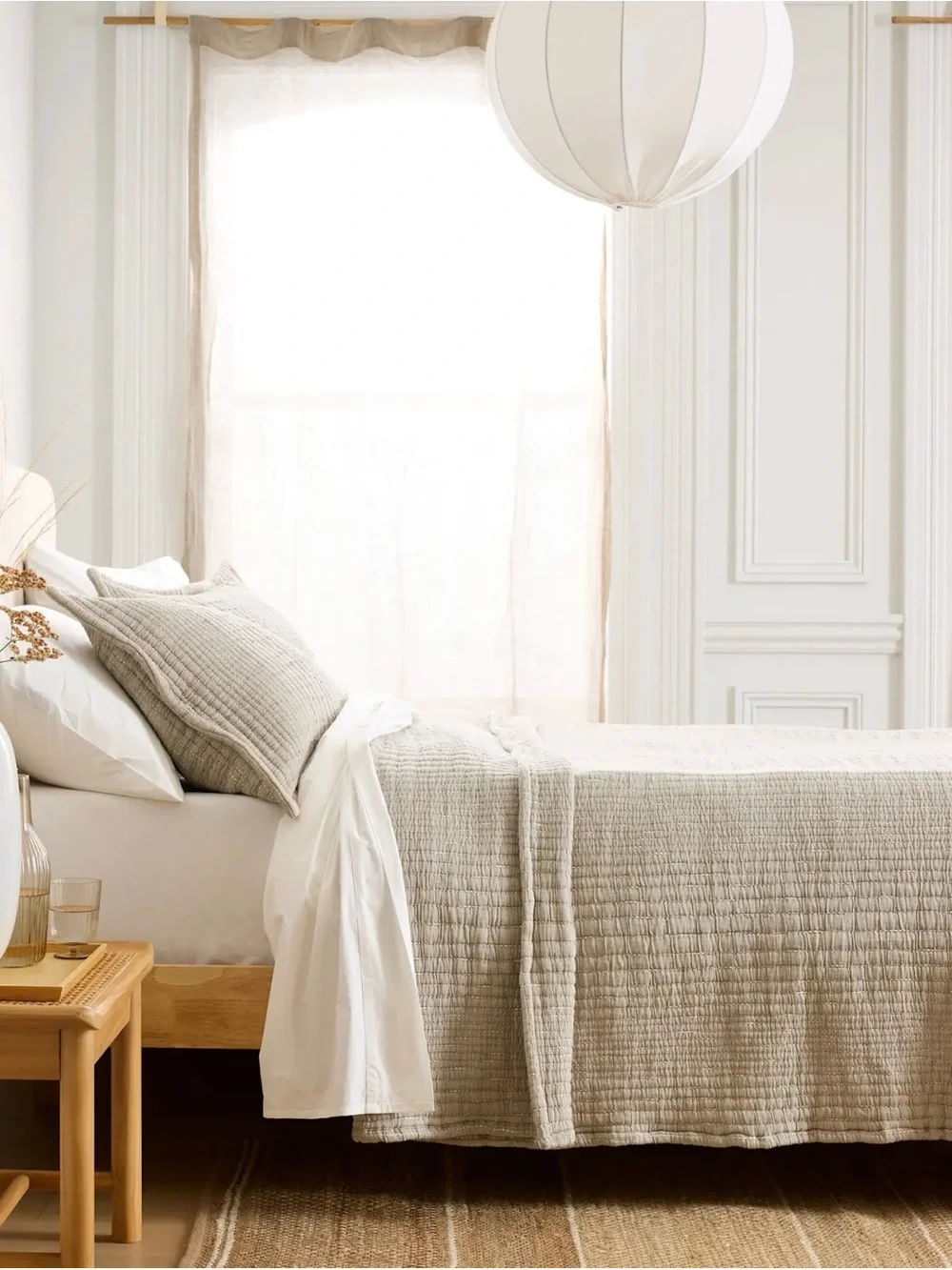 NWOT Organic Cotton Taupe Channel Stitched Coverlet and Shams - Retail $174